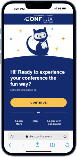 CONFlux app login screen showing email input field and login button
