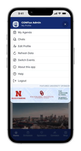 CONFlux app menu showing sponsor banner placement at the bottom