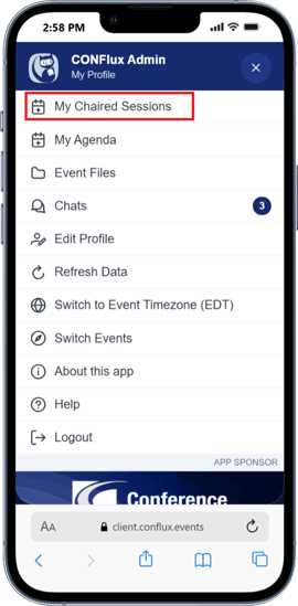 My Chaired Sessions option in the user avatar menu