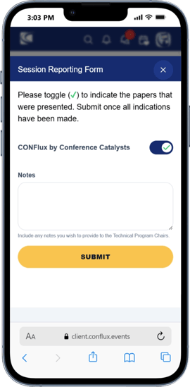 Session reporting form listing papers with presented status toggles