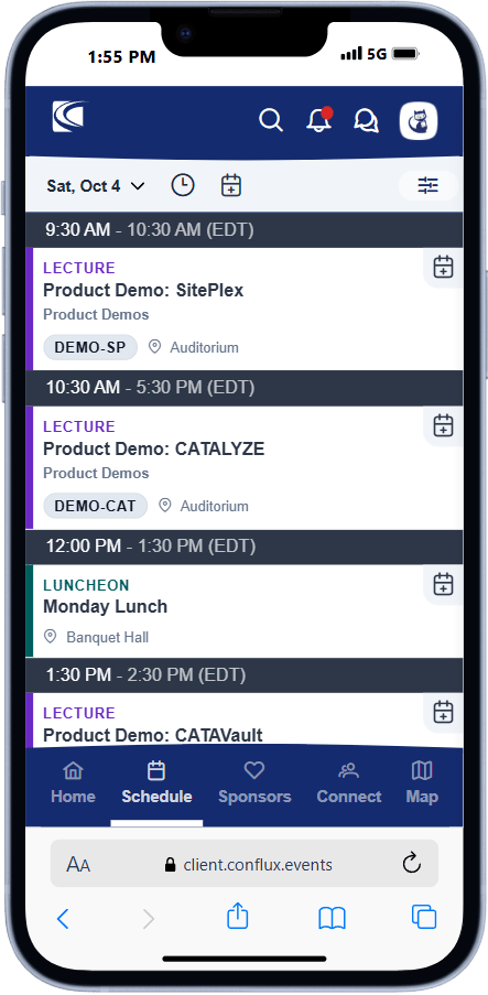 CONFlux mobile app schedule screen showing event timeline